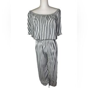 Elan Black Ivory Stripe Wide Leg Jumpsuit Size Large Rayon Resort Dual Shoulder